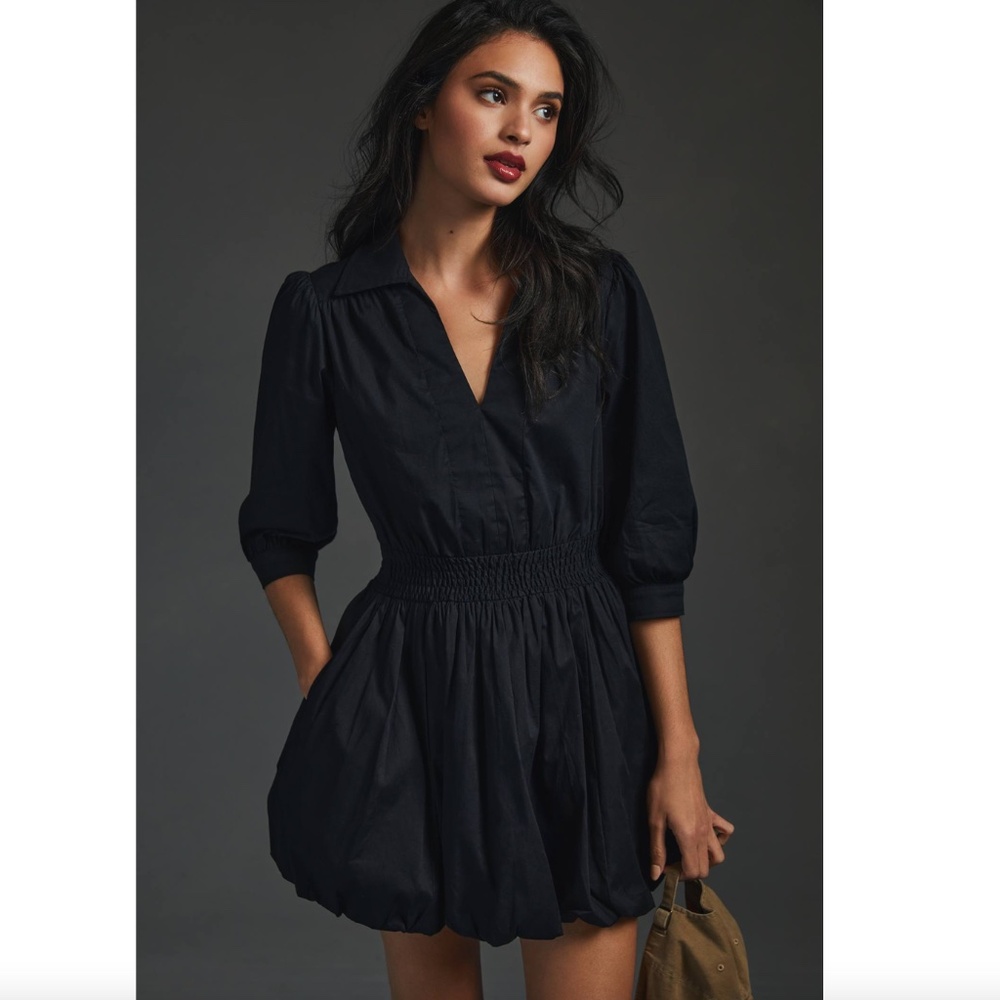 Anthropologie Black Bubble-Hem Mini Dress - Petite Porridge Long-Sleeve V-Neck